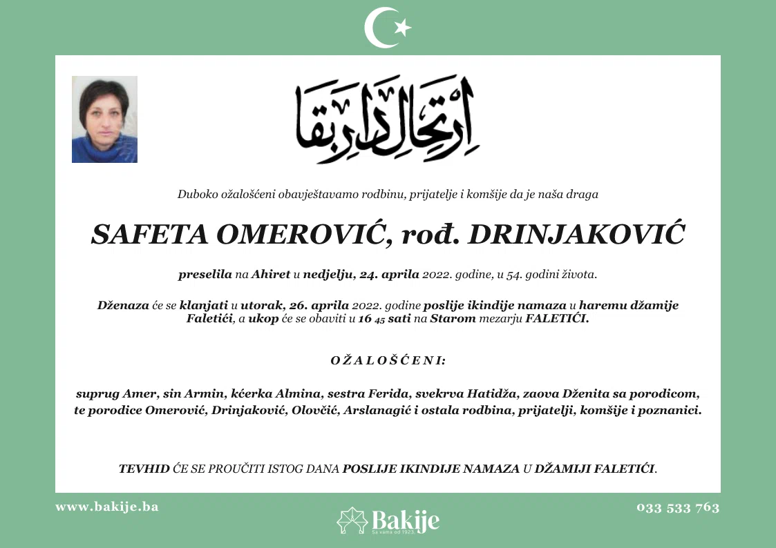 Smrtovnica — Safeta Omerović, rođ. Drinjaković