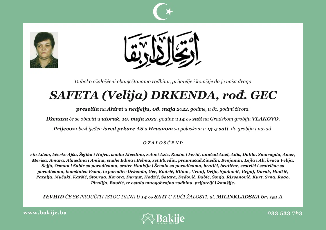 Smrtovnica — Safeta (Velija) Drkenda, rođ. Gec