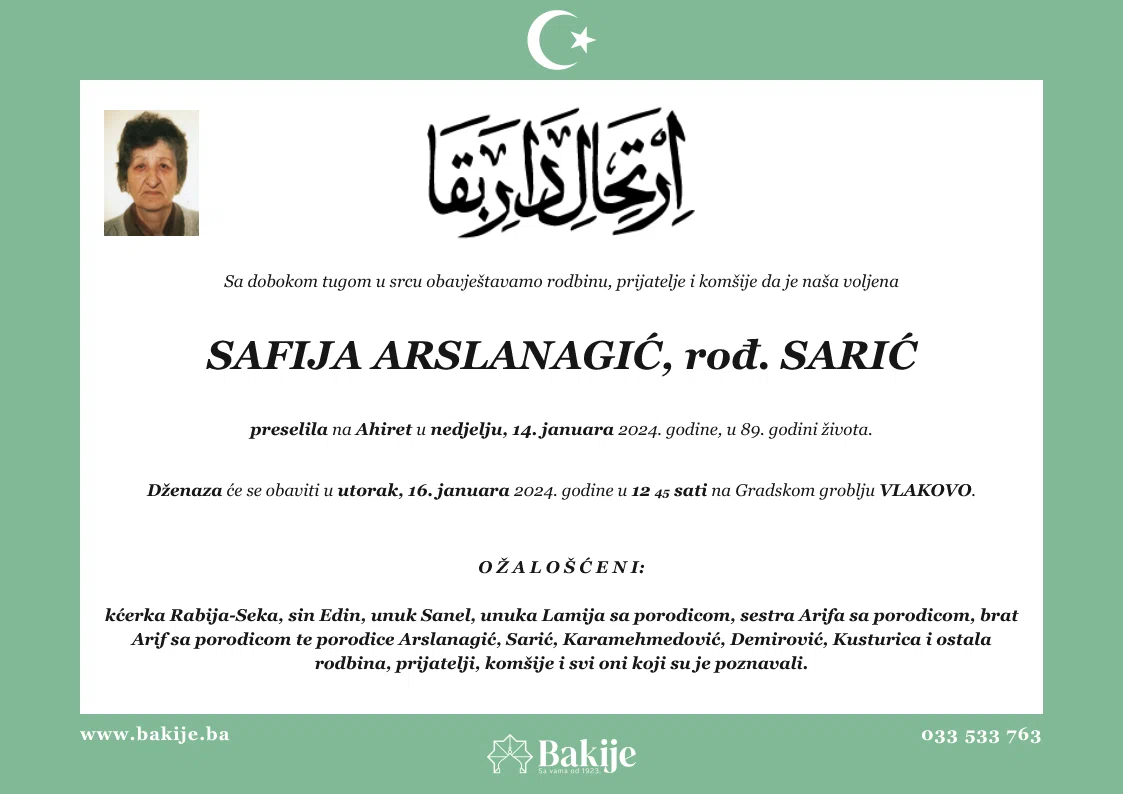 Smrtovnica — Safija Arslanagić, rođ. Sarić