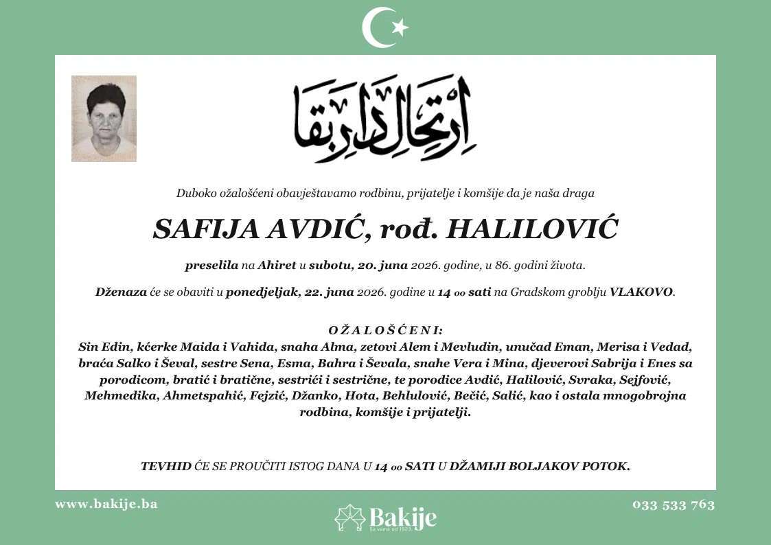 Smrtovnica — Safija Avdić, rođ. Halilović