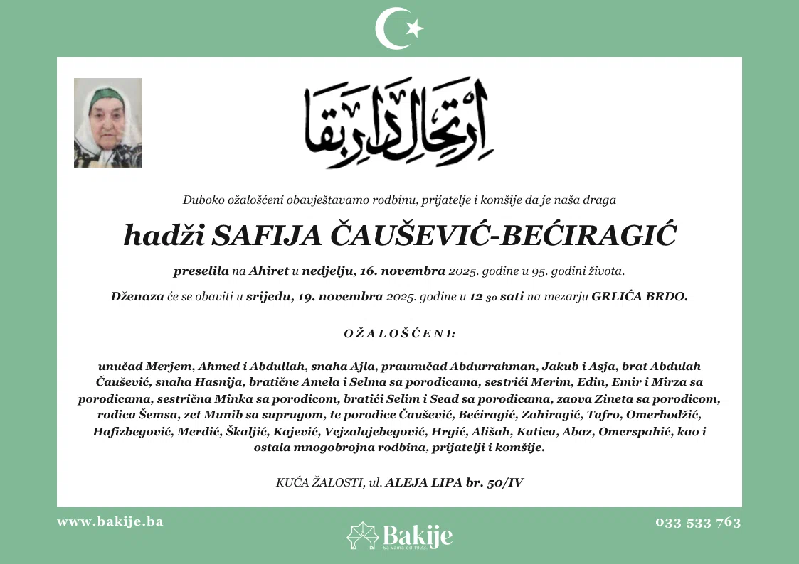 Smrtovnica — Hadži Safija Čaušević-Bećiragić