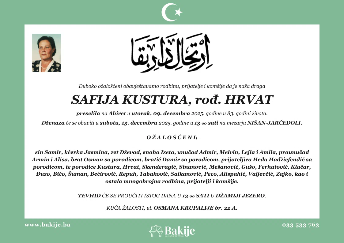 Smrtovnica — Safija Kustura, rođ. Hrvat
