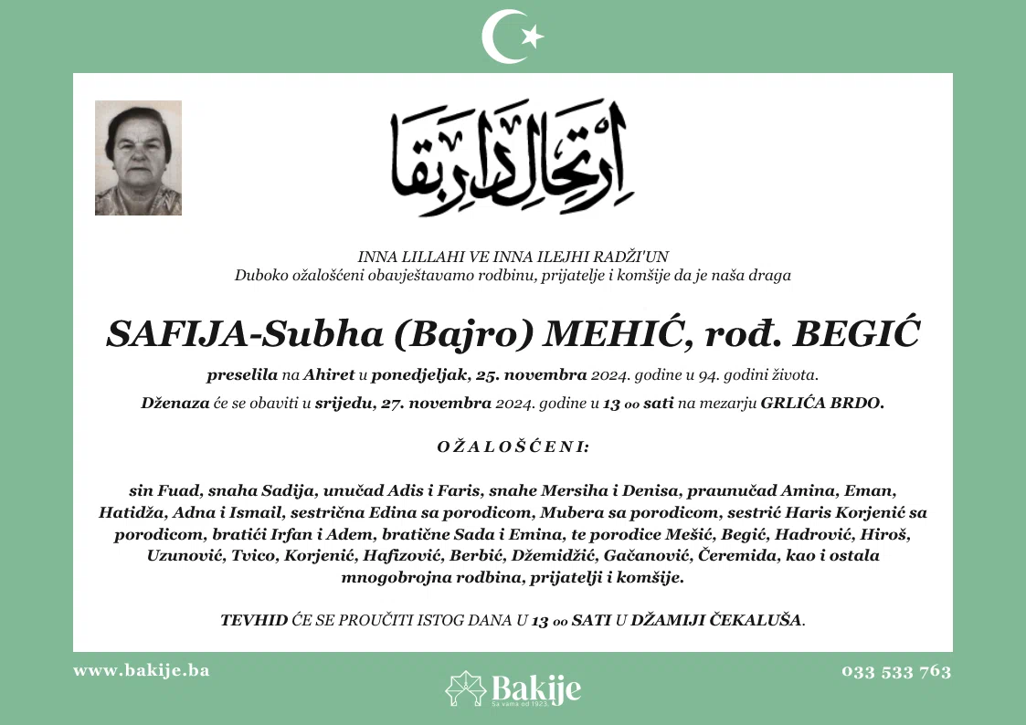 Smrtovnica — Safija-Subha (Bajro) Mehić, rođ. Begić