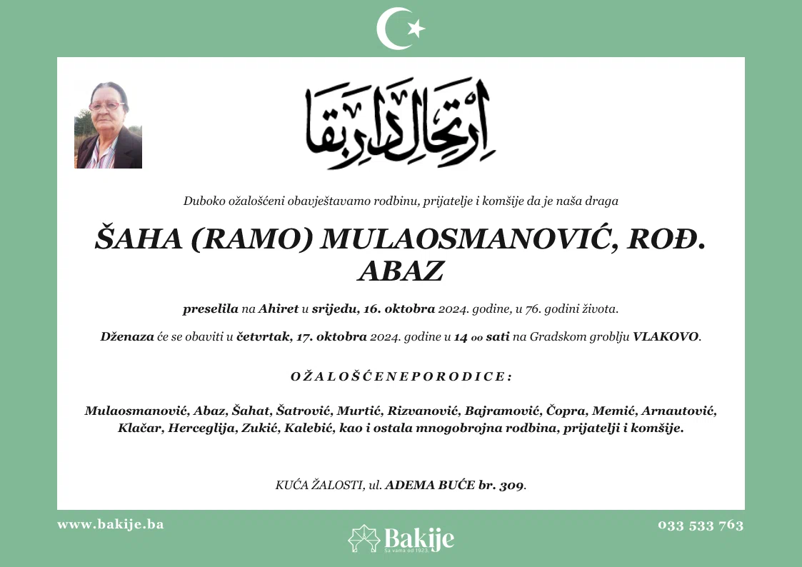Smrtovnica — Šaha (Ramo) Mulaosmanović, rođ. Abaz