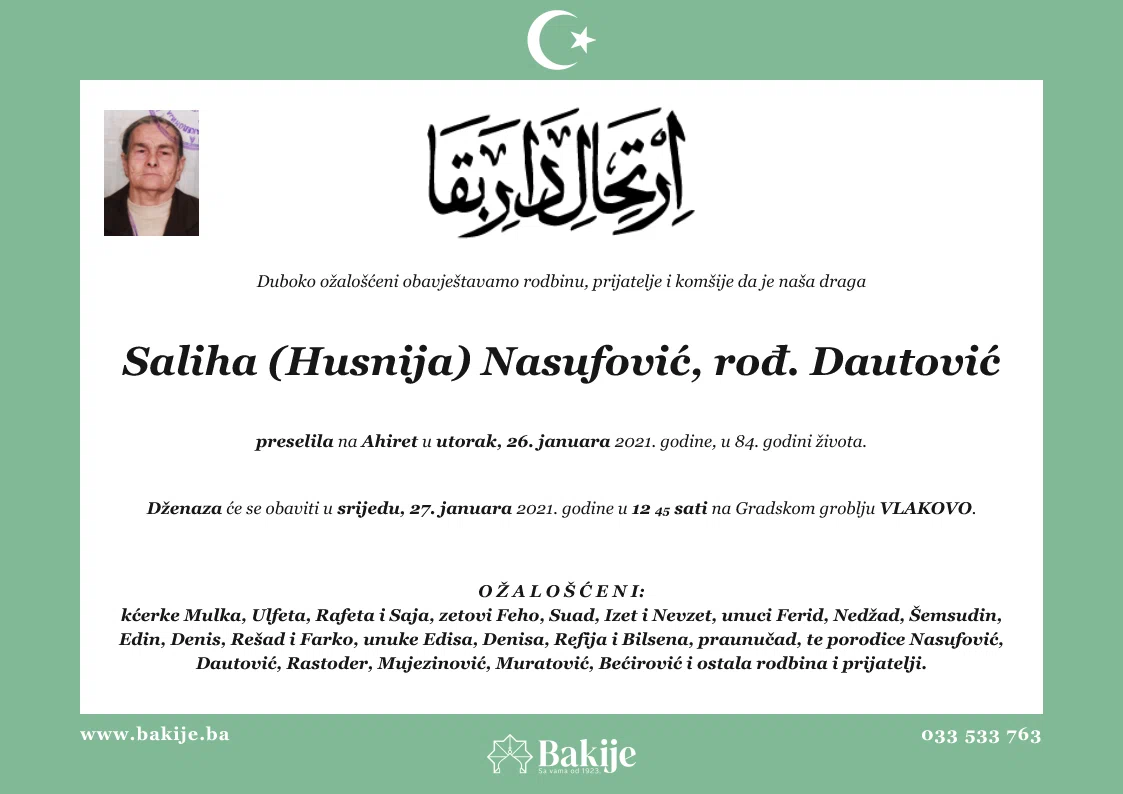Smrtovnica — Saliha (Husnija) Nasufović, rođ. Dautović