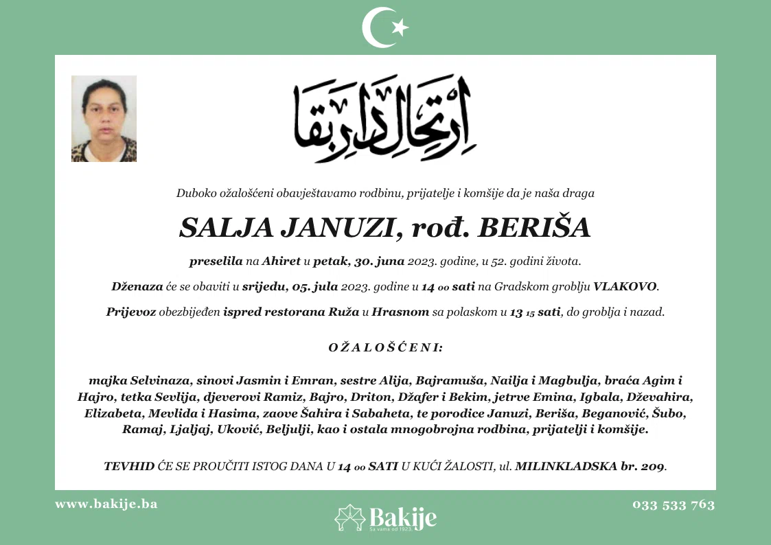 Smrtovnica — Salja Januzi, rođ. Beriša