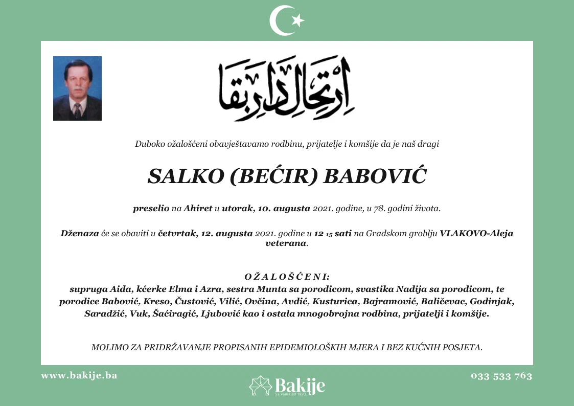 Smrtovnica — Salko (Bećir) Babović