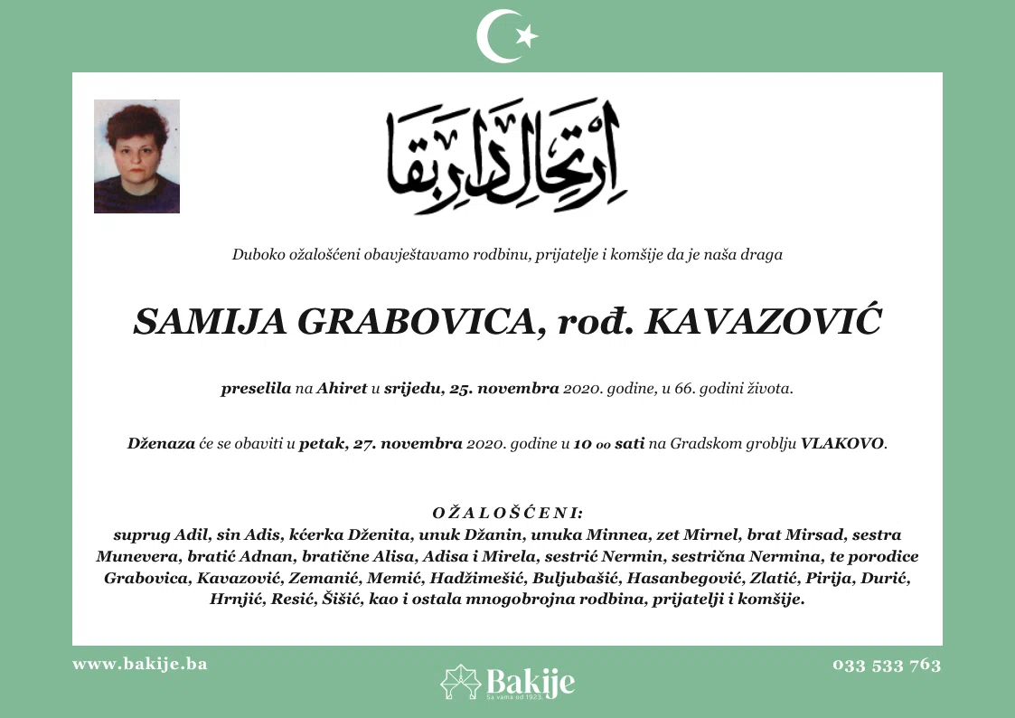 Smrtovnica — Samija Grabovica, rođ. Kavazović