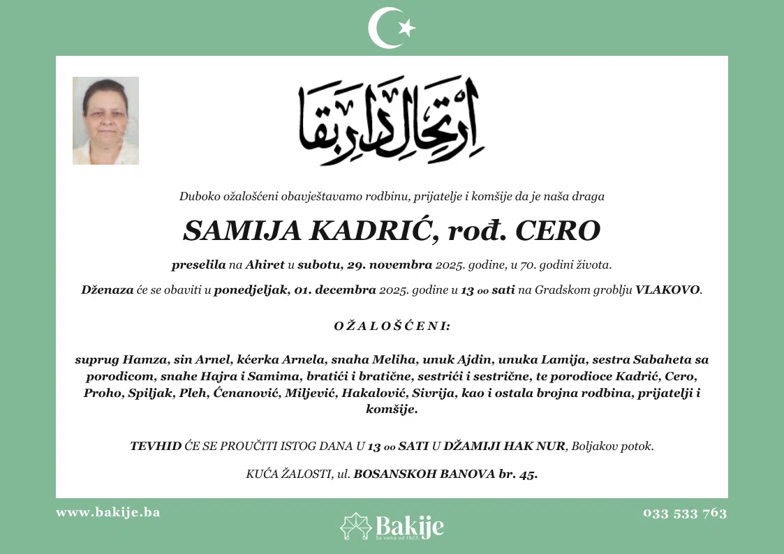Smrtovnica — Samija Kadrić, rođ. Cero