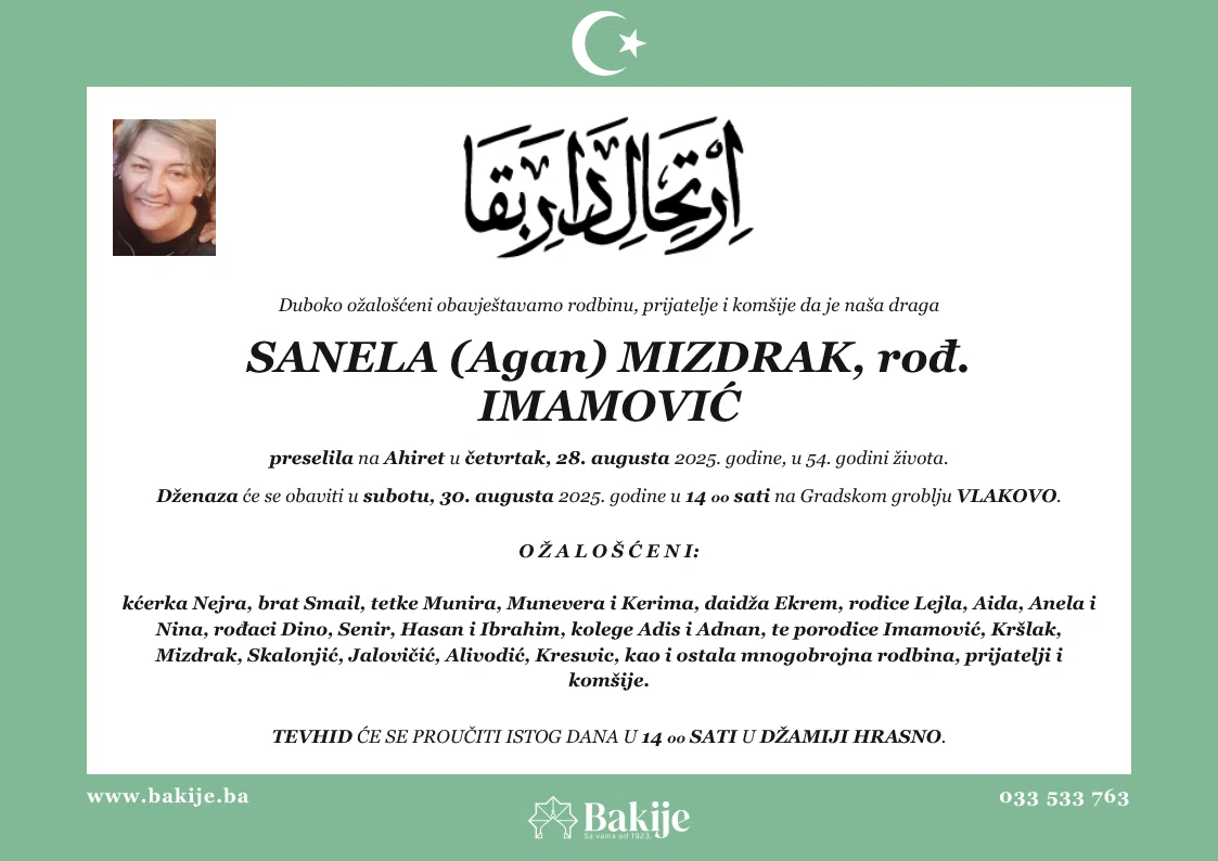 Smrtovnica — Sanela (Agan) Mizdrak, rođ. Imamović