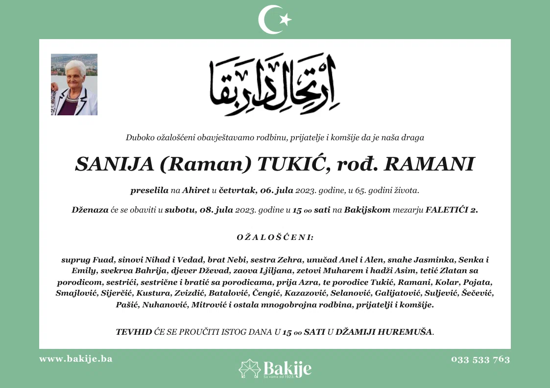 Smrtovnica — Sanija (Raman) Tukić, rođ. Ramani