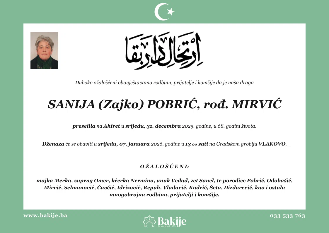 Smrtovnica — Sanija (Zajko) Pobrić, rođ. Mirvić