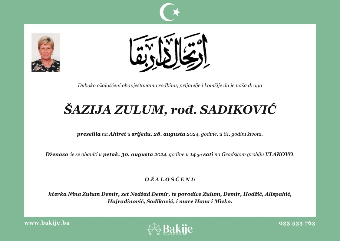 Smrtovnica — Šazija Zulum, rođ. Sadiković