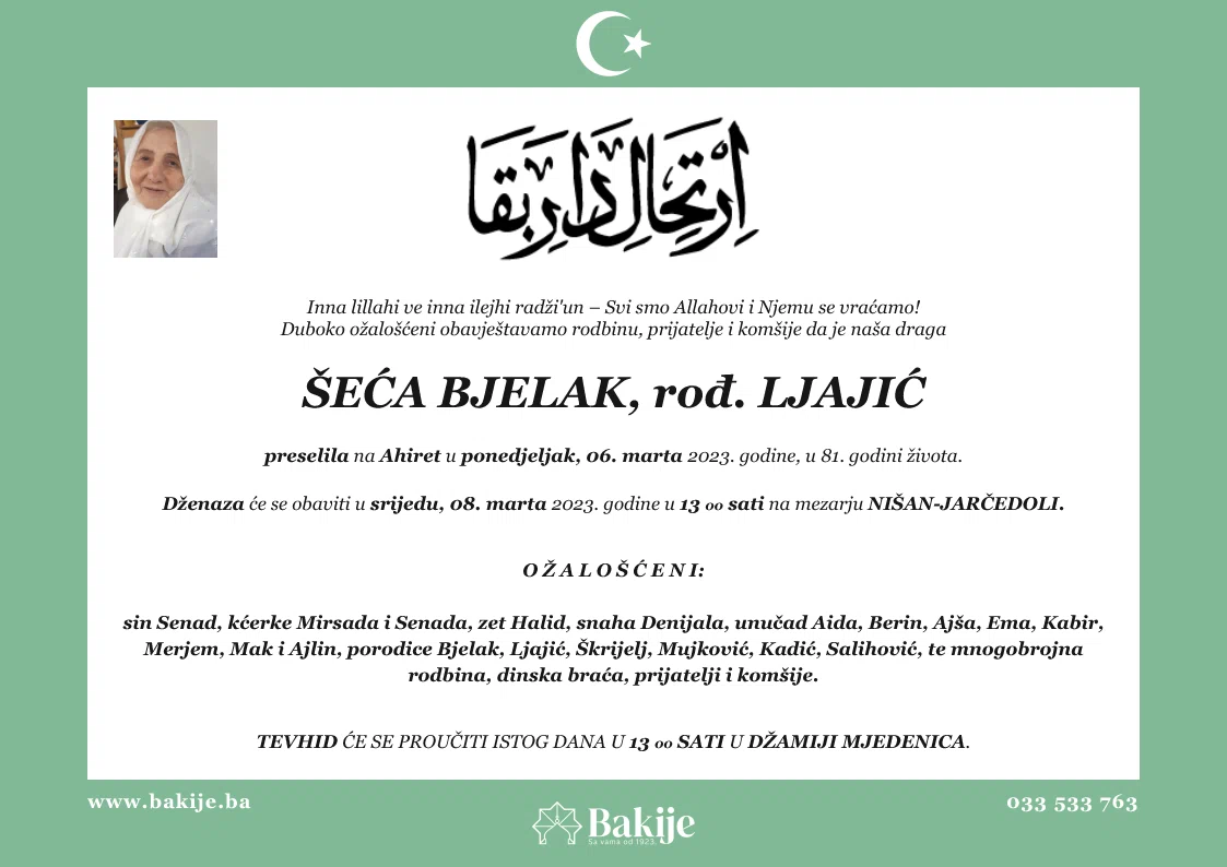 Smrtovnica — Šeća Bjelak, rođ. Ljajić