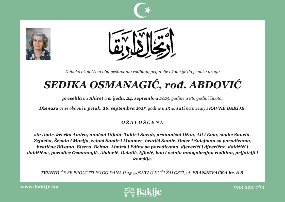 Smrtovnica — Sedika Osmanagić, rođ. Abdović