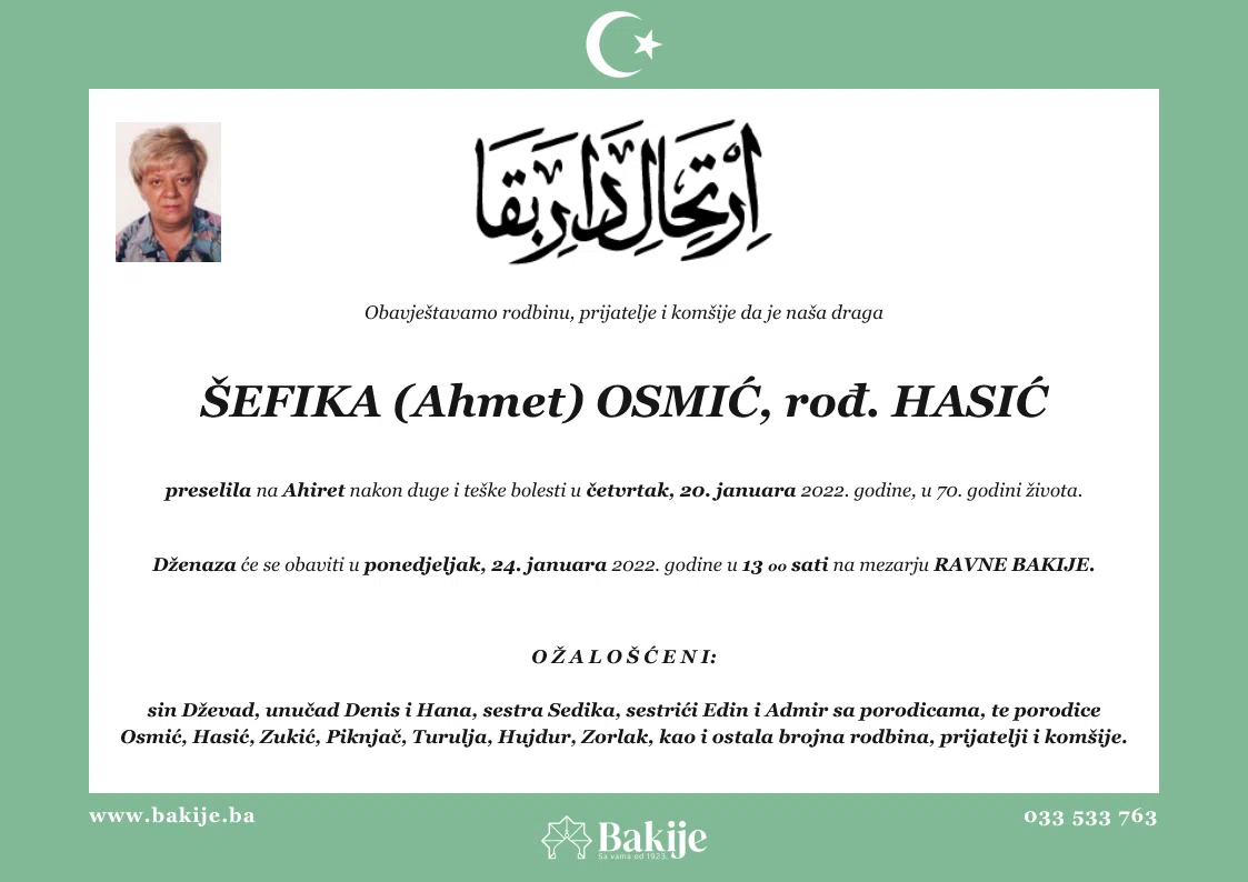 Smrtovnica — Šefika (Ahmet) Osmić, rođ. Hasić