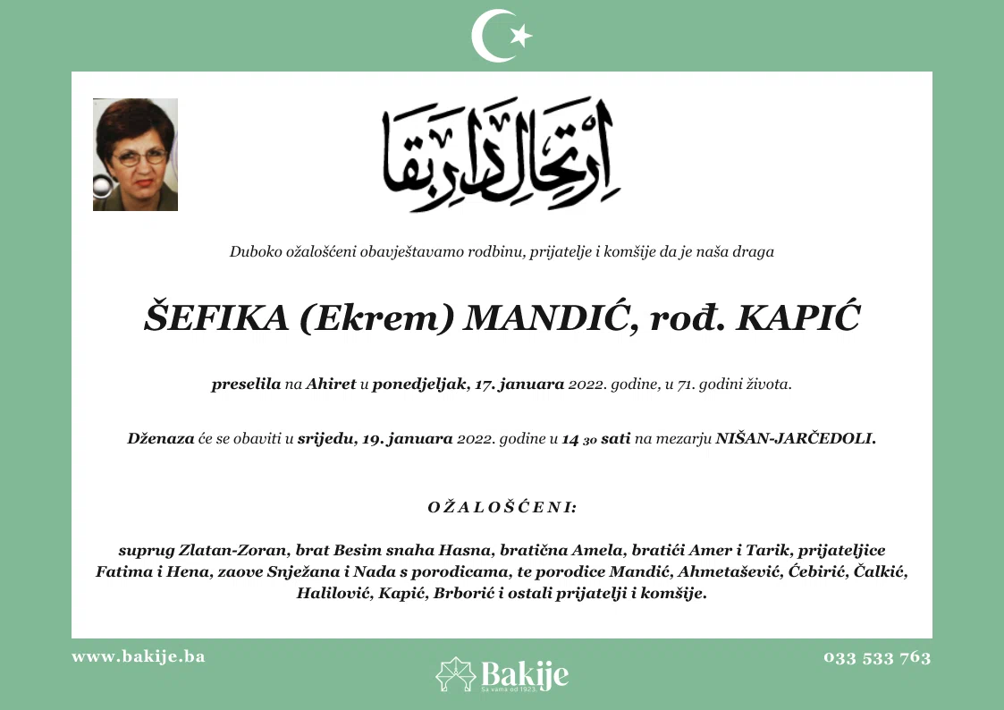 Smrtovnica — Šefika (Ekrem) Mandić, rođ. Kapić