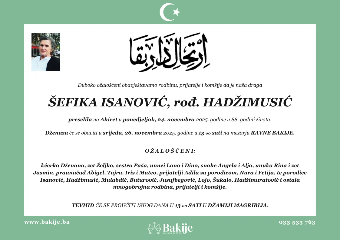 Smrtovnica — Šefika Isanović, rođ. Hadžimusić