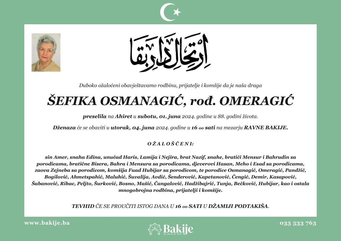 Smrtovnica — Šefika Osmanagić, rođ. Omeragić