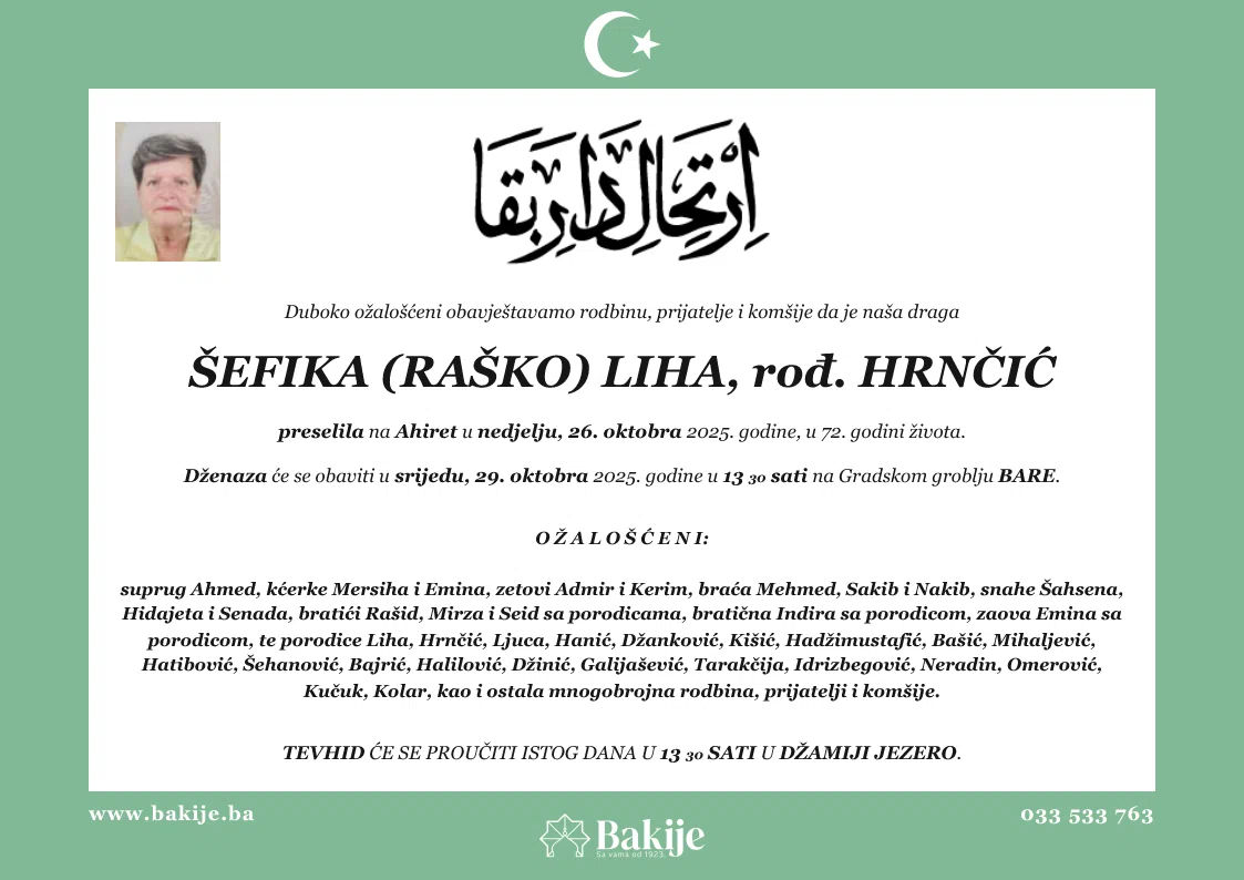 Smrtovnica — Šefika (Raško) Liha, rođ. Hrnčić