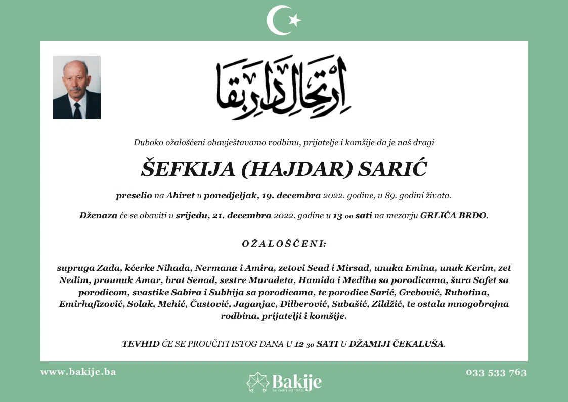 Smrtovnica — Šefkija (Hajdar) Sarić