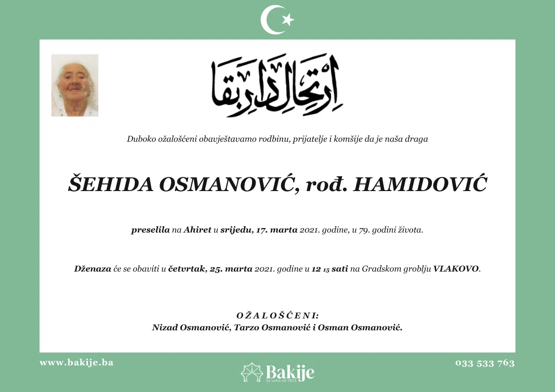 Smrtovnica — Šehida Osmanović, rođ. Hamidović