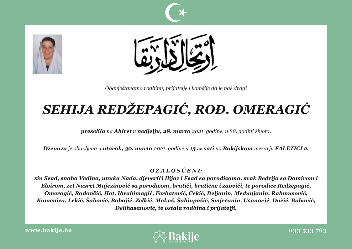 Smrtovnica — Sehija Redžepagić, rođ. Omeragić