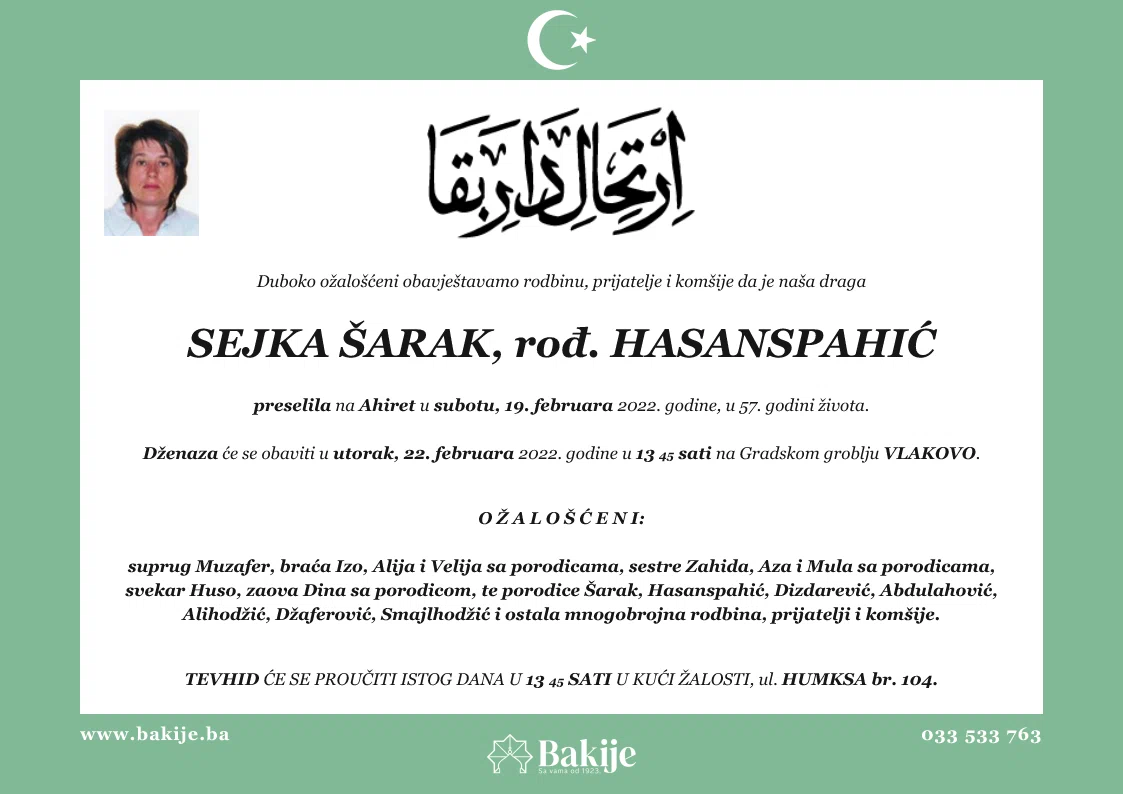 Smrtovnica — Sejka Šarak, rođ. Hasanspahić
