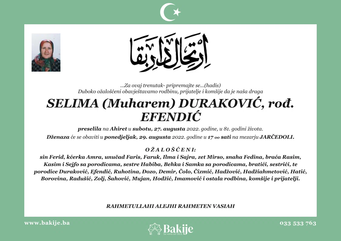 Smrtovnica — Selima (Muharem) Duraković, rođ. Efendić