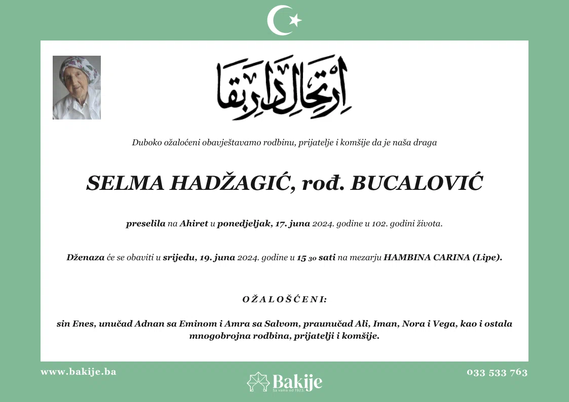 Smrtovnica — Selma Hadžagić, rođ. Bucalović