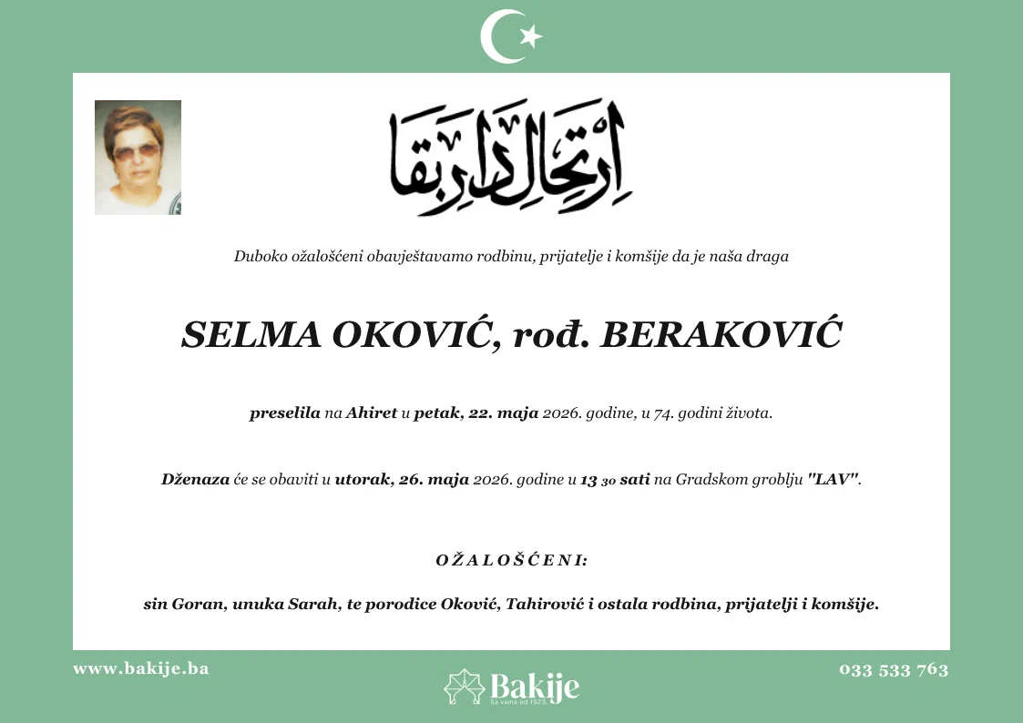 Smrtovnica — Selma Oković, rođ. Beraković