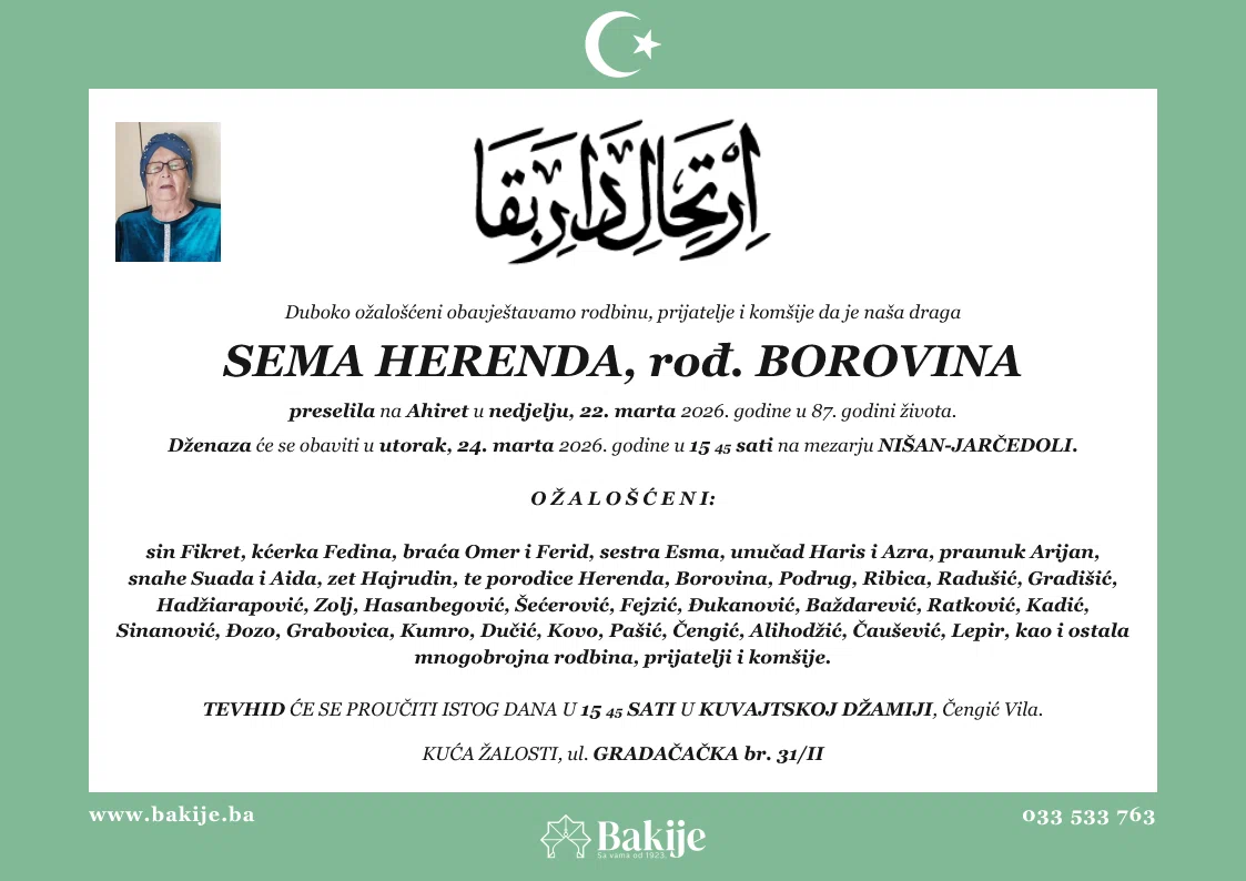 Smrtovnica — Sema Herenda, rođ. Borovina