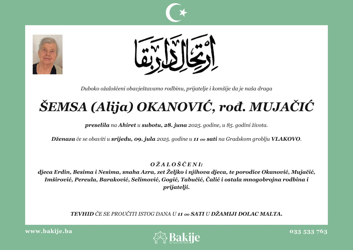Smrtovnica — Šemsa (Alija) Okanović, rođ. Mujačić