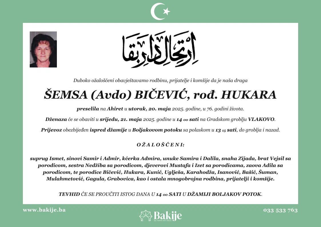 Smrtovnica — Šemsa (Avdo) Bičević, rođ. Hukara