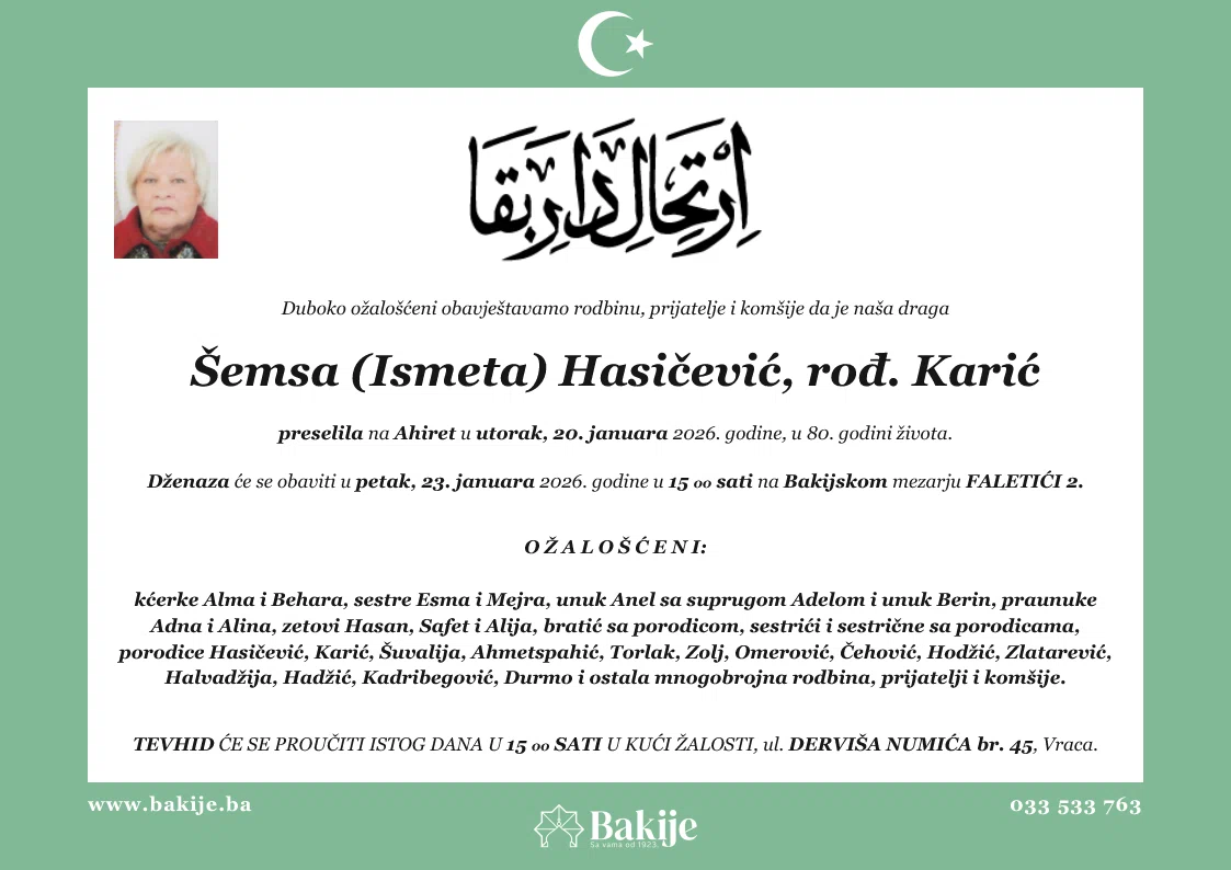 Smrtovnica — Šemsa (Ismeta) Hasičević, rođ. Karić