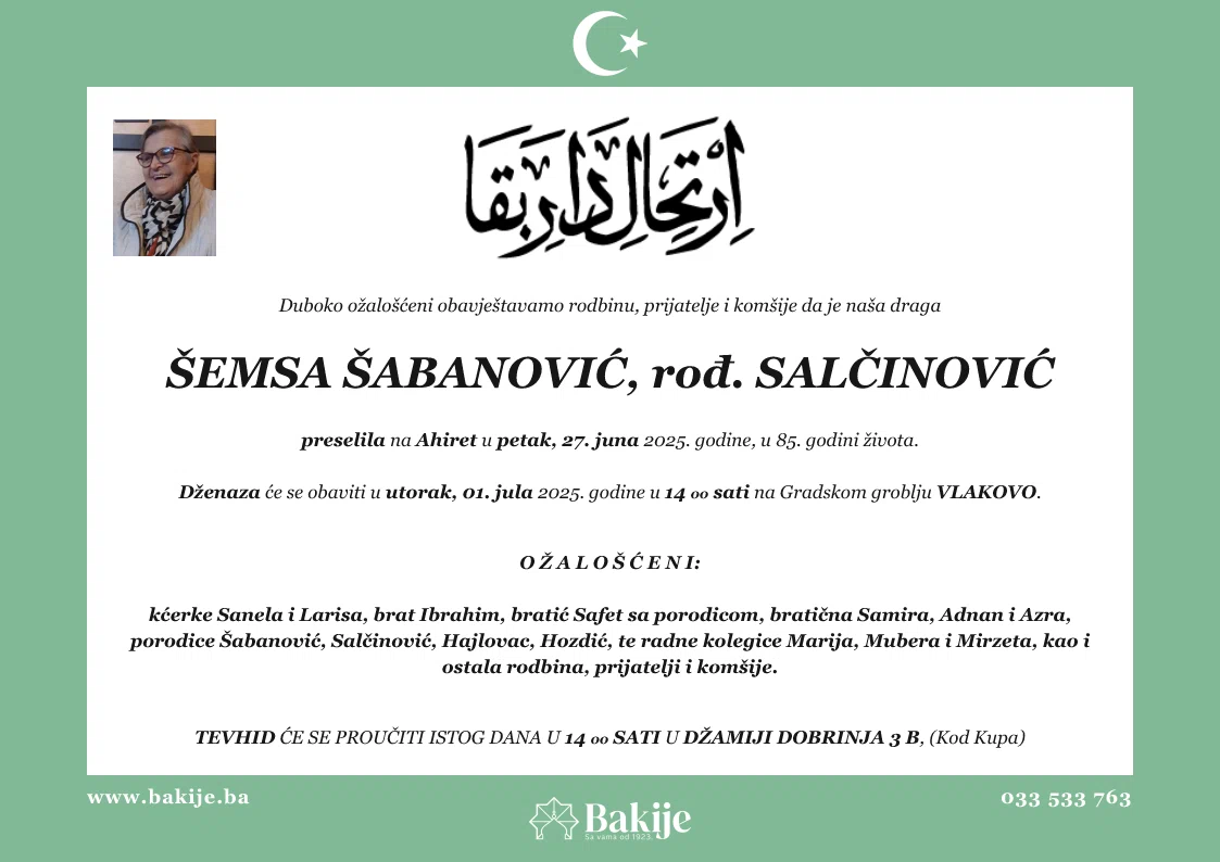 Smrtovnica — Šemsa Šabanović, rođ. Salčinović