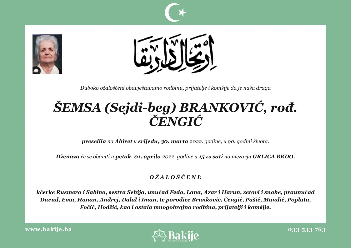 Smrtovnica — Šemsa (Sejdi-Beg) Branković, rođ. Čengić