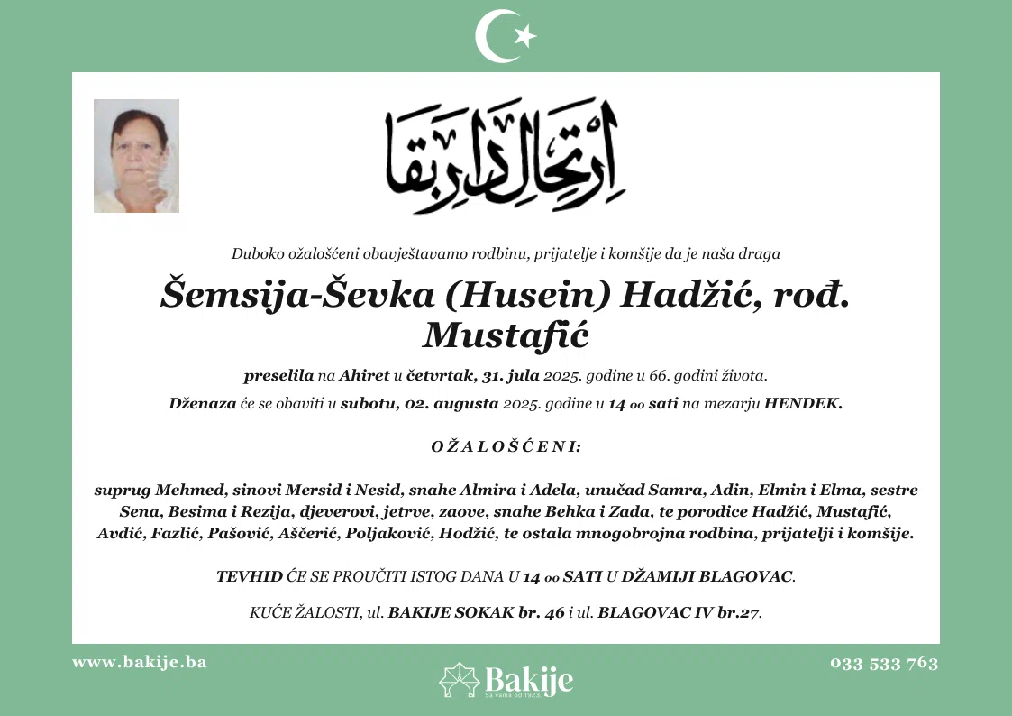 Smrtovnica — Šemsija-Ševka (Husein) Hadžić, rođ. Mustafić