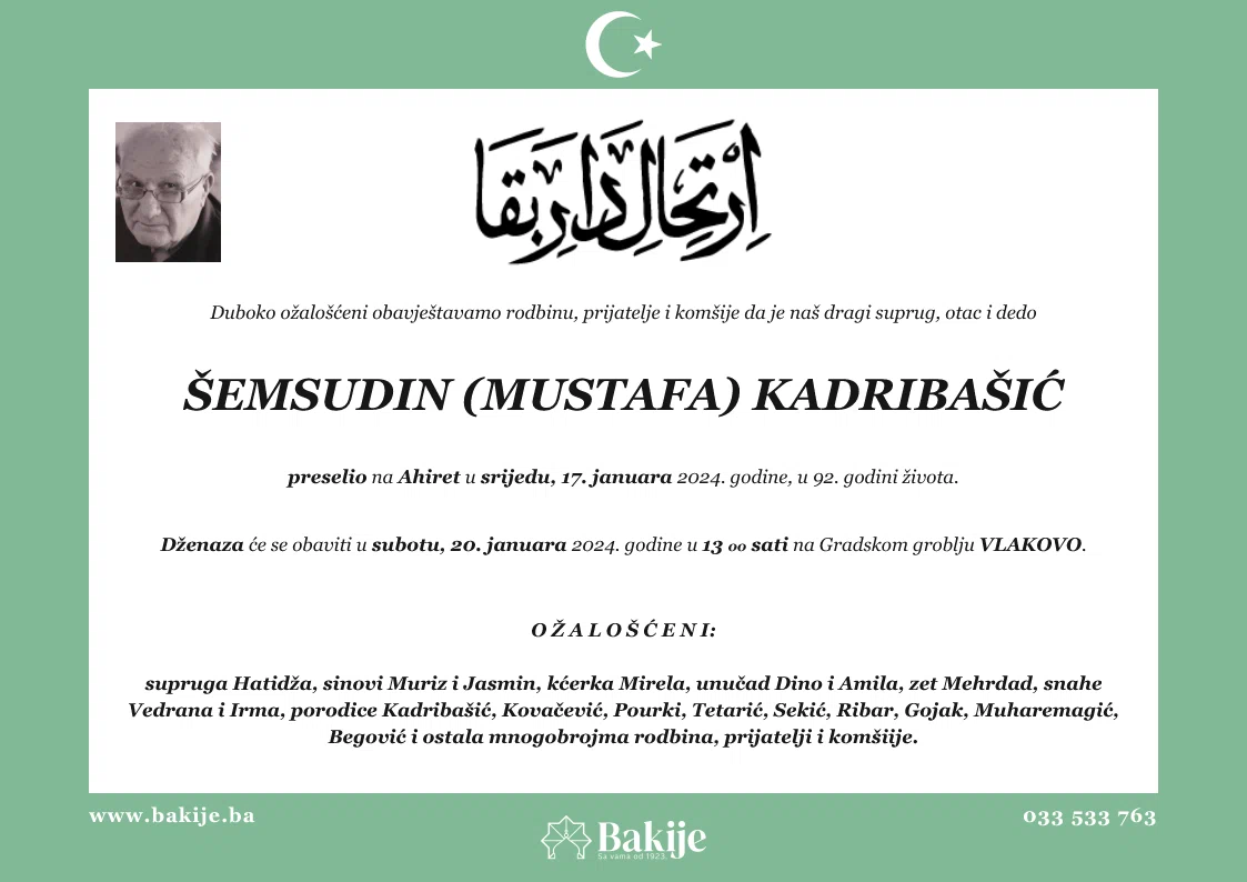 Smrtovnica — Šemsudin (Mustafa) Kadribašić
