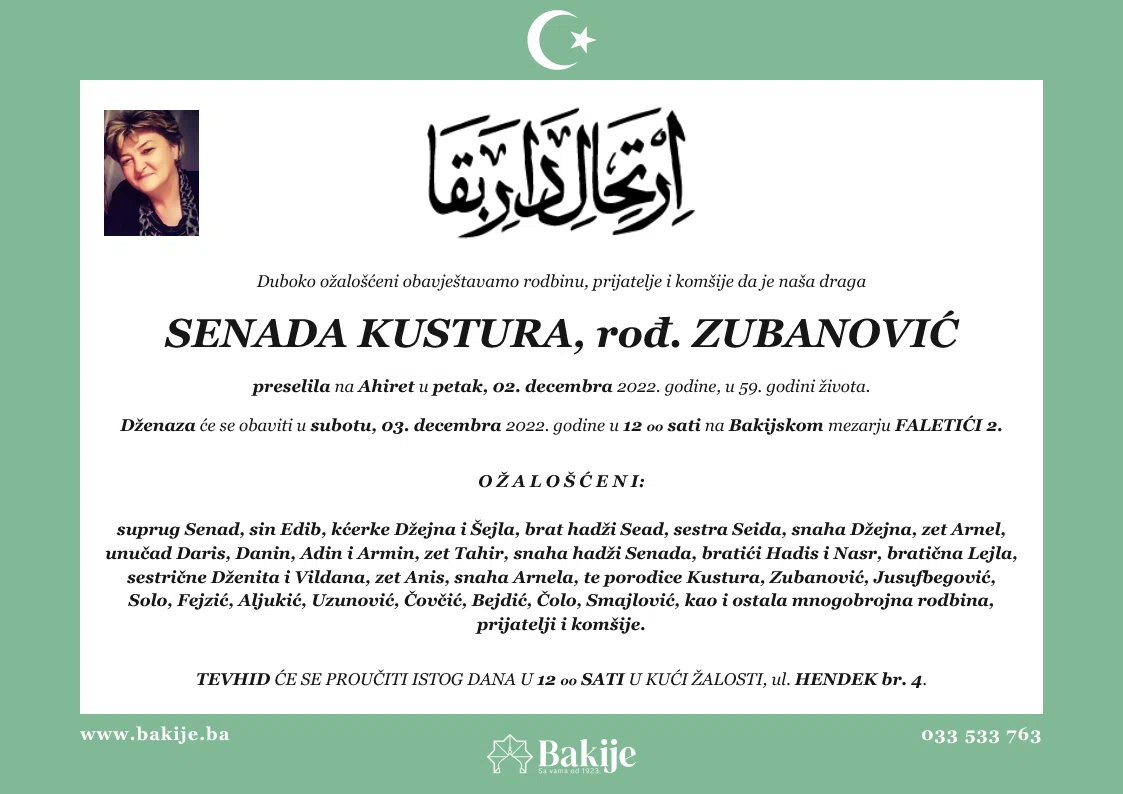 Smrtovnica — Senada Kustura, rođ. Zubanović