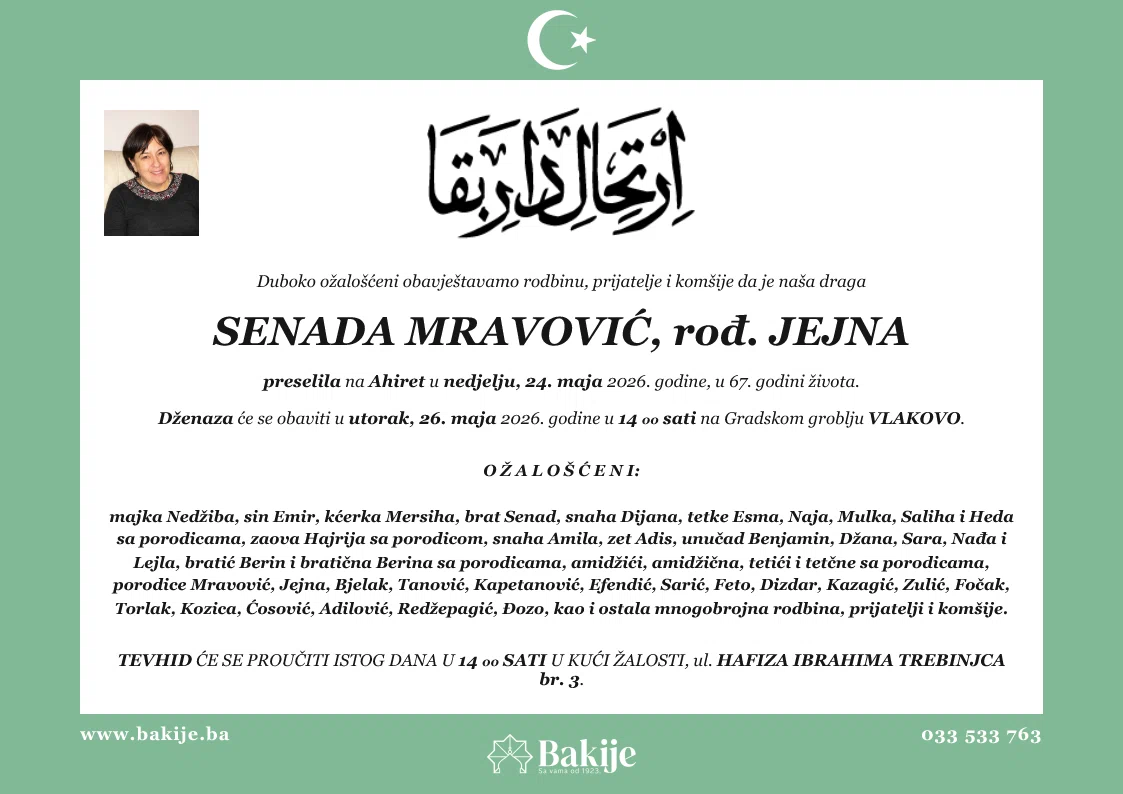 Smrtovnica — Senada Mravović, rođ. Jejna