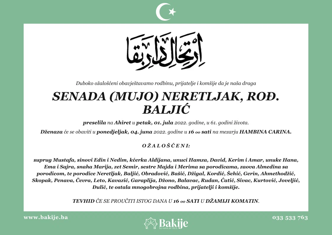 Smrtovnica — Senada (Mujo) Neretljak, rođ. Baljić