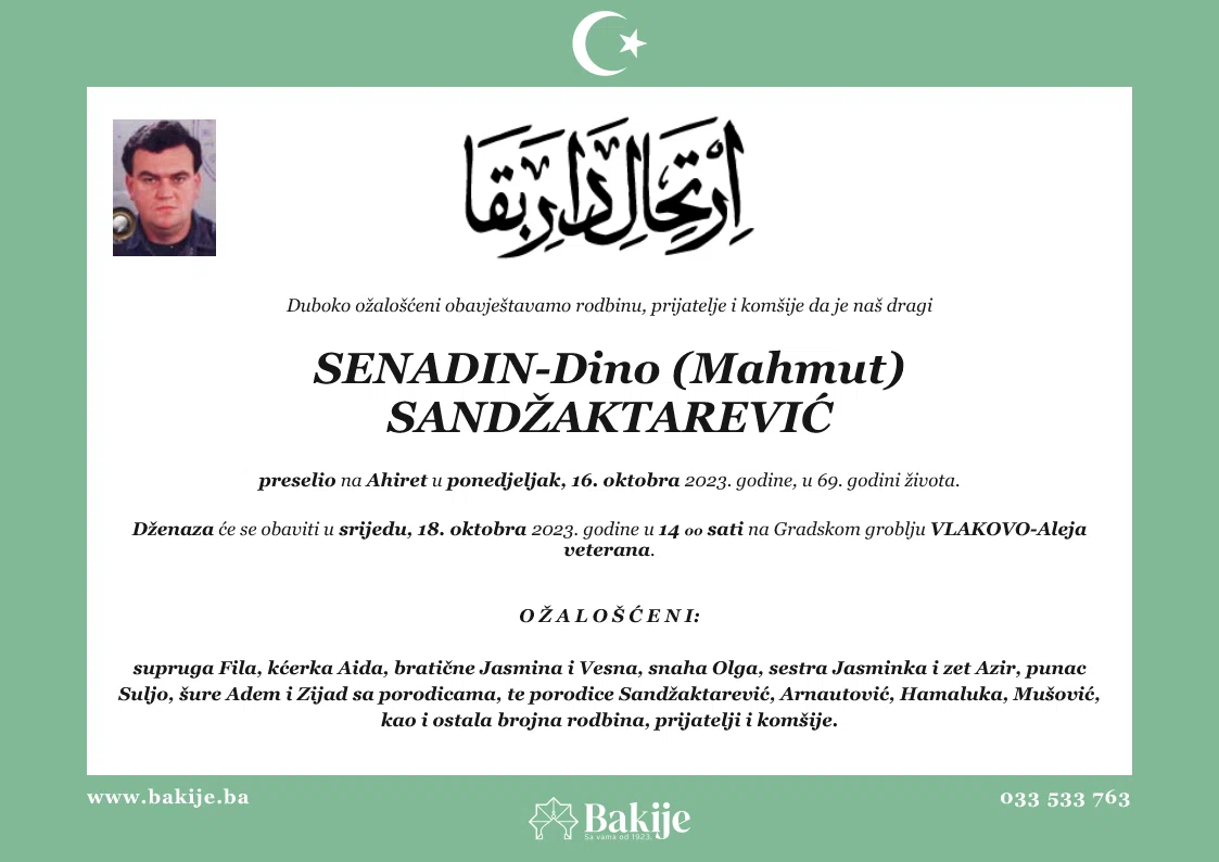 Smrtovnica — Senadin-Dino (Mahmut) Sandžaktarević