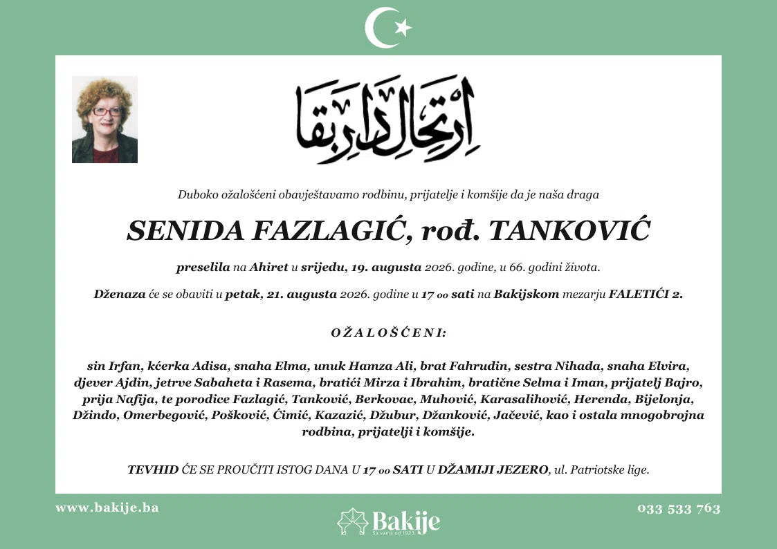 Smrtovnica — Senida Fazlagić, rođ. Tanković
