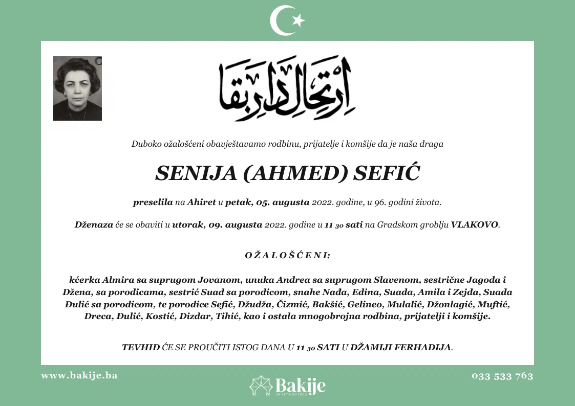 Smrtovnica — Senija (Ahmed) Sefić
