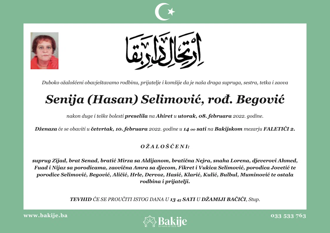 Smrtovnica — Senija (Hasan) Selimović, rođ. Begović