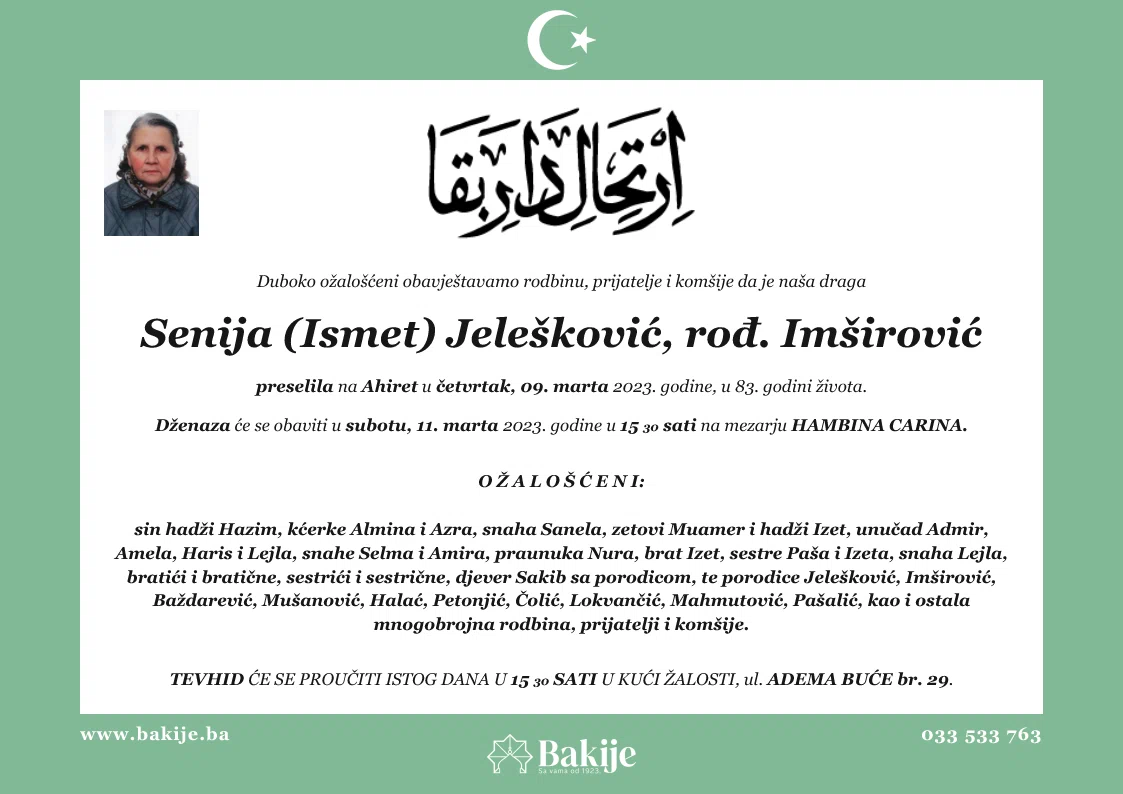 Smrtovnica — Senija (Ismet) Jelešković, rođ. Imširović