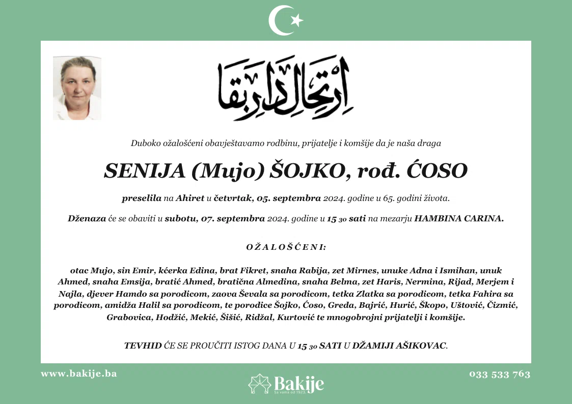 Smrtovnica — Senija (Mujo) Šojko, rođ. Ćoso