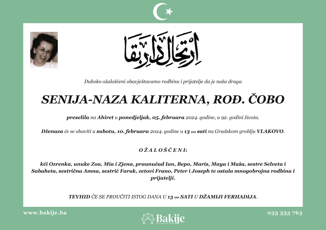 Smrtovnica — Senija-Naza Kaliterna, rođ. Čobo