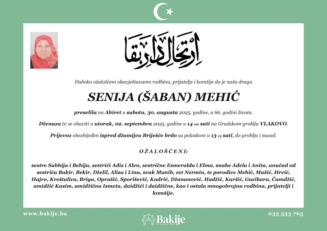 Smrtovnica — Senija (Šaban) Mehić